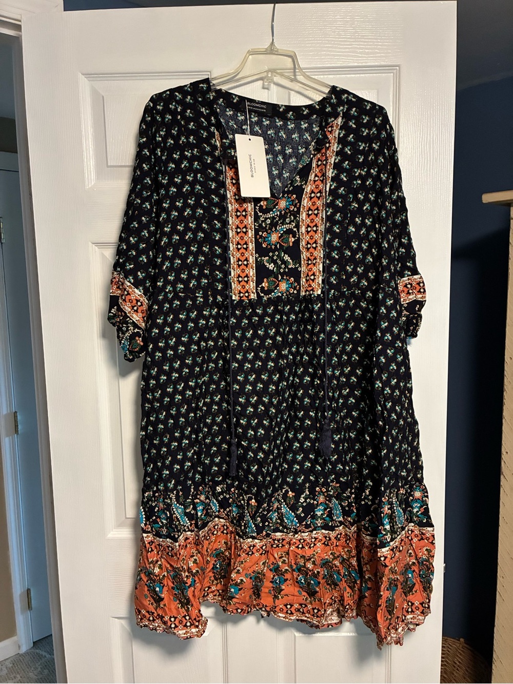 BloomChic Black Midi Dress with Rust & Teal Border